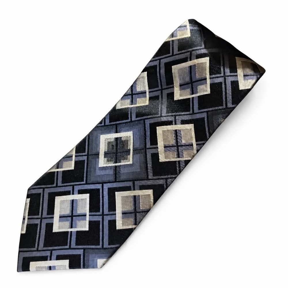 Covington Silk Tie Mens Black Gold Silver Geometric Square Diamond Stain Resist